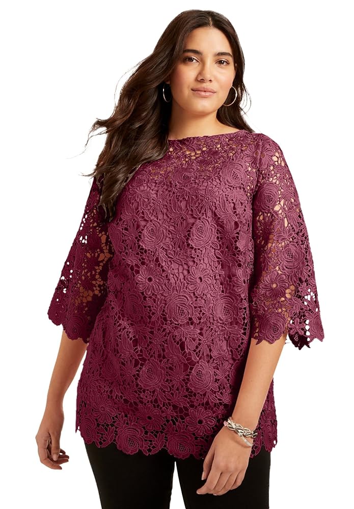 June + Vie Women's Plus Size Allover Lace Top - 10 W, Merlot